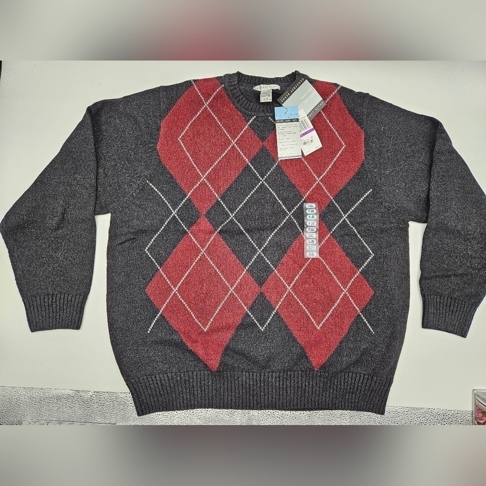 NWT Geoffrey Beene Gray & Burgundy ARGYLE Pullover 100% Cotton Sweater Sz XXL